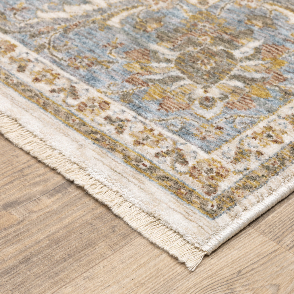 2' X 8' Ivory And Blue Oriental Power Loom Stain Resistant Runner Rug With Fringe