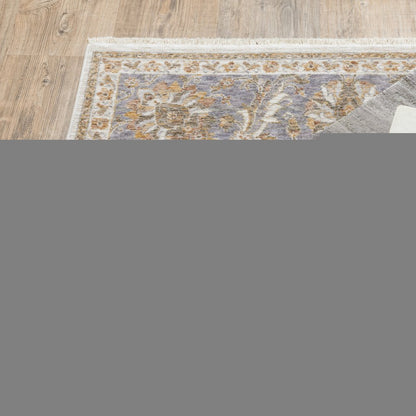 2' X 8' Ivory And Blue Oriental Power Loom Stain Resistant Runner Rug With Fringe