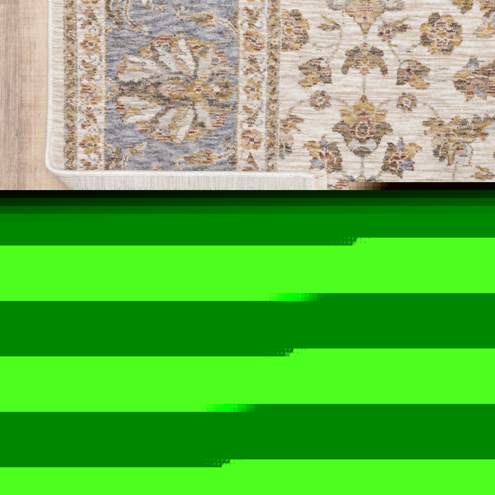 2' X 8' Ivory And Blue Oriental Power Loom Stain Resistant Runner Rug With Fringe