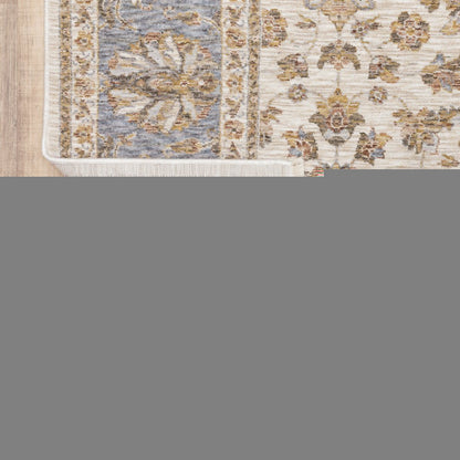 2' X 8' Ivory And Blue Oriental Power Loom Stain Resistant Runner Rug With Fringe