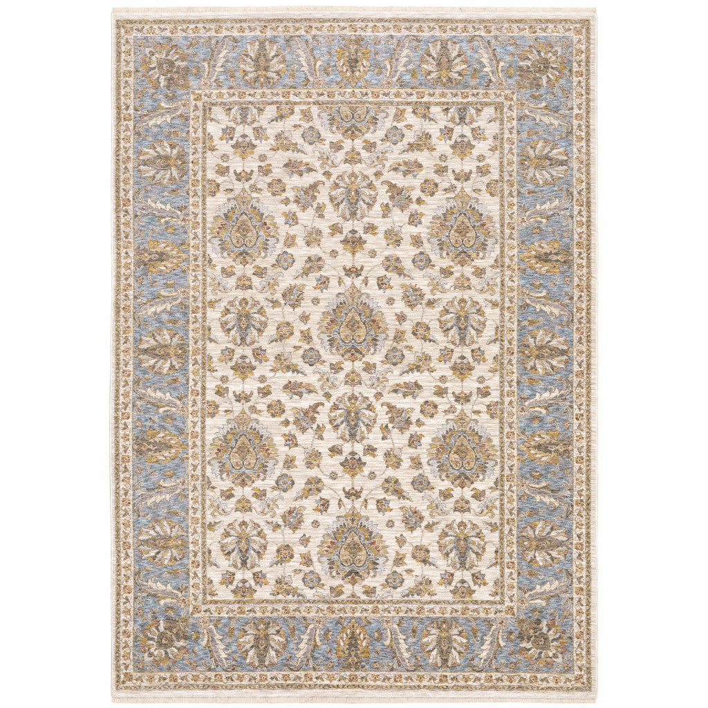 2' X 3' Ivory And Blue Oriental Power Loom Stain Resistant Area Rug With Fringe