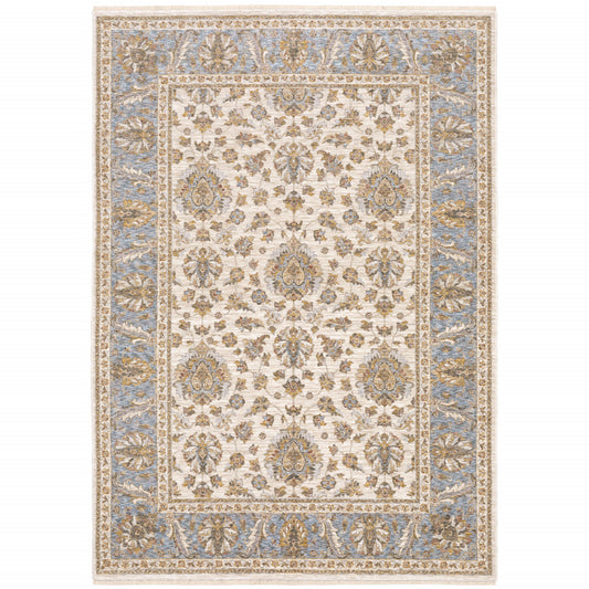 2' X 3' Ivory And Blue Oriental Power Loom Stain Resistant Area Rug With Fringe