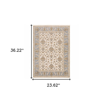 2' X 3' Ivory And Blue Oriental Power Loom Stain Resistant Area Rug With Fringe