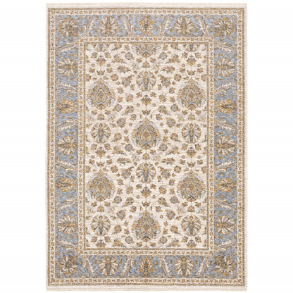 3' X 5' Ivory And Blue Oriental Power Loom Stain Resistant Area Rug With Fringe