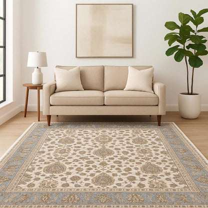 5' X 8' Ivory And Blue Oriental Power Loom Stain Resistant Area Rug With Fringe
