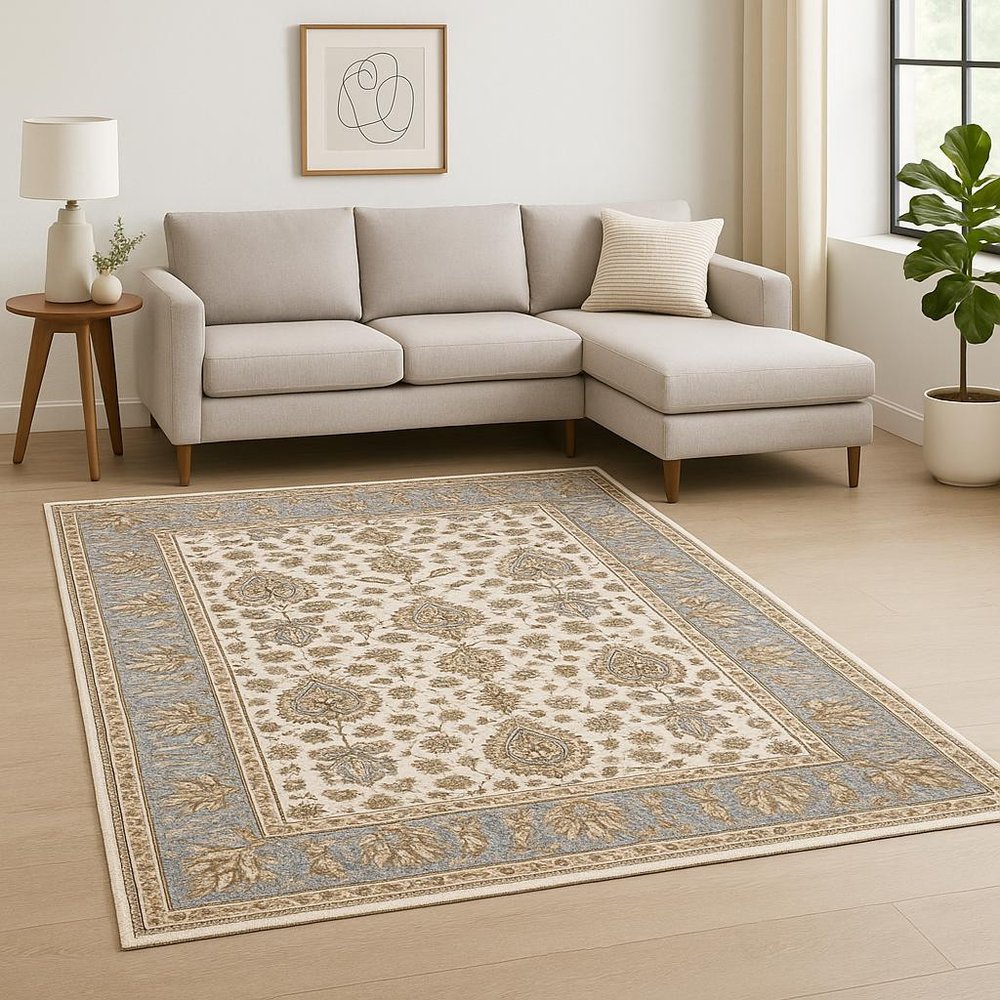 8' X 11' Ivory And Blue Oriental Power Loom Stain Resistant Area Rug With Fringe