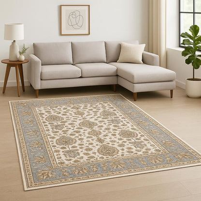 8' X 11' Ivory And Blue Oriental Power Loom Stain Resistant Area Rug With Fringe