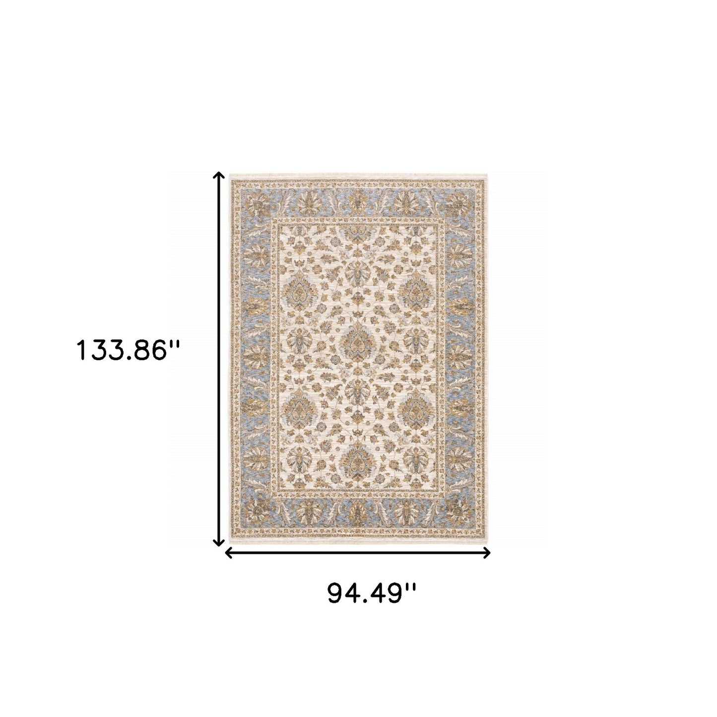 8' X 11' Ivory And Blue Oriental Power Loom Stain Resistant Area Rug With Fringe