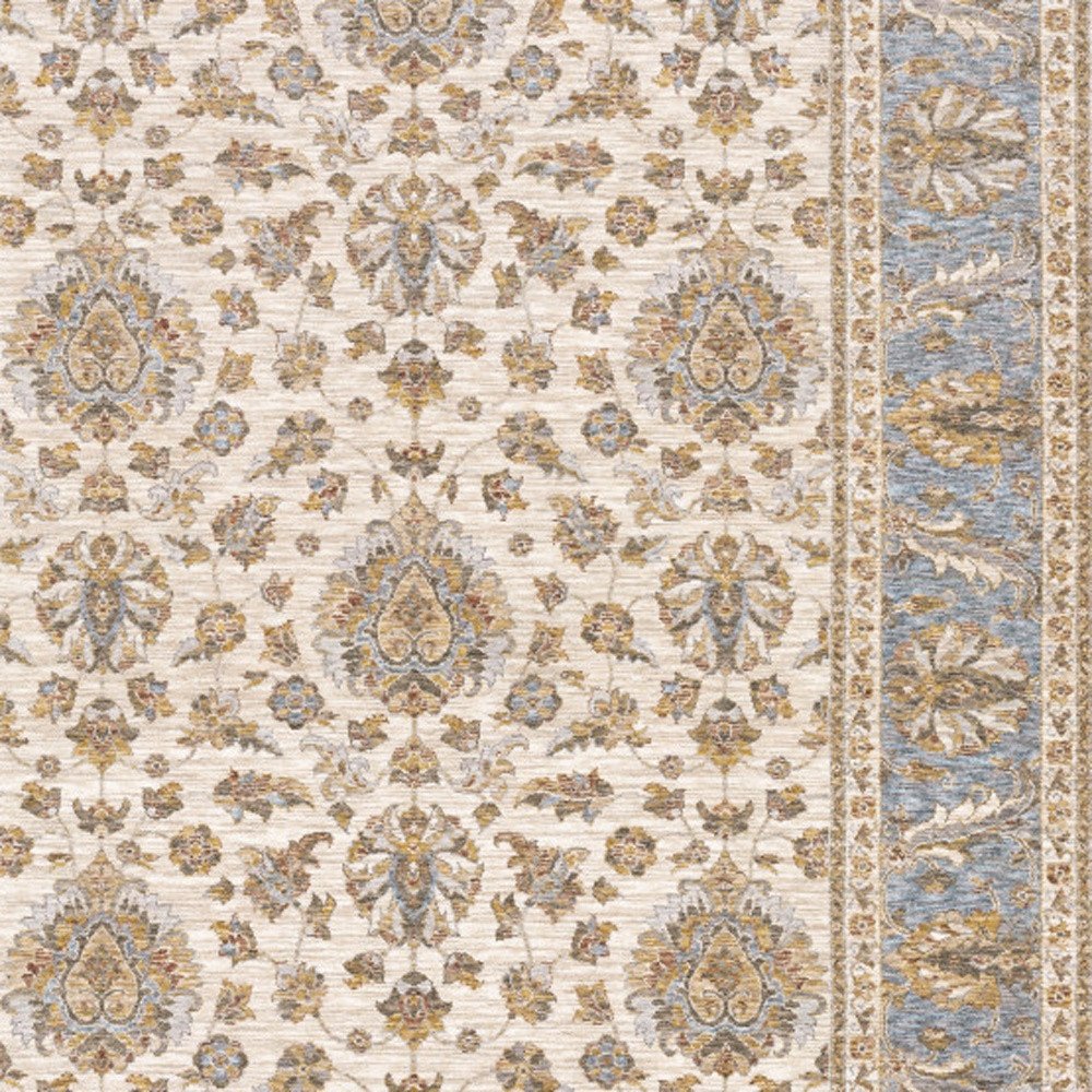 8' X 11' Ivory And Blue Oriental Power Loom Stain Resistant Area Rug With Fringe