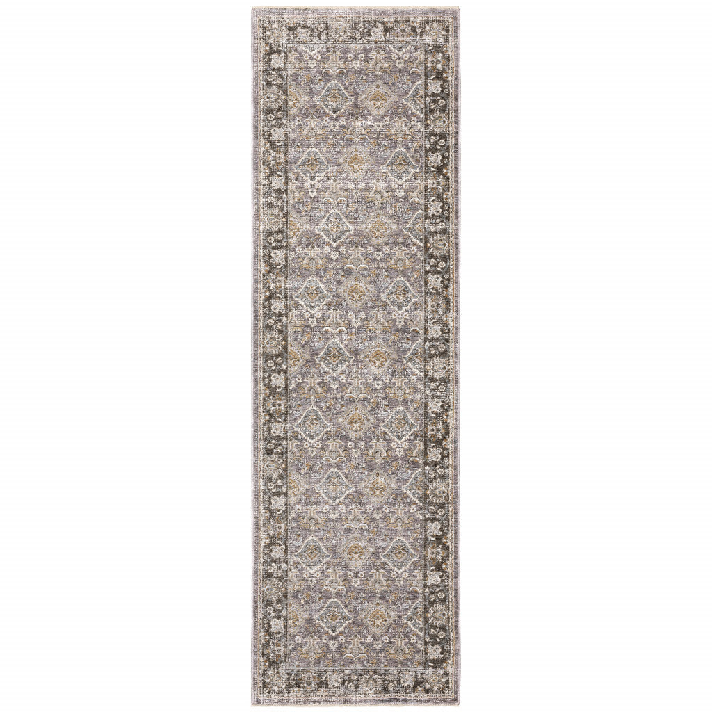 2' X 8' Grey And Blue Oriental Power Loom Stain Resistant Runner Rug With Fringe