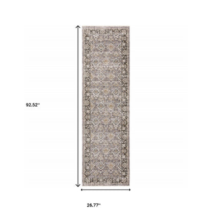 2' X 8' Grey And Blue Oriental Power Loom Stain Resistant Runner Rug With Fringe