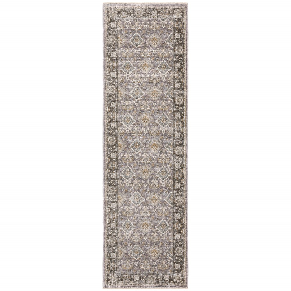 2' X 8' Grey And Blue Oriental Power Loom Stain Resistant Runner Rug With Fringe