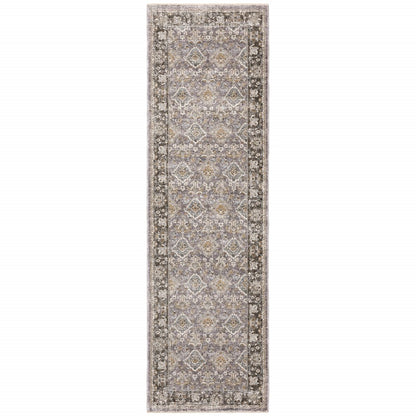 2' X 8' Grey And Blue Oriental Power Loom Stain Resistant Runner Rug With Fringe