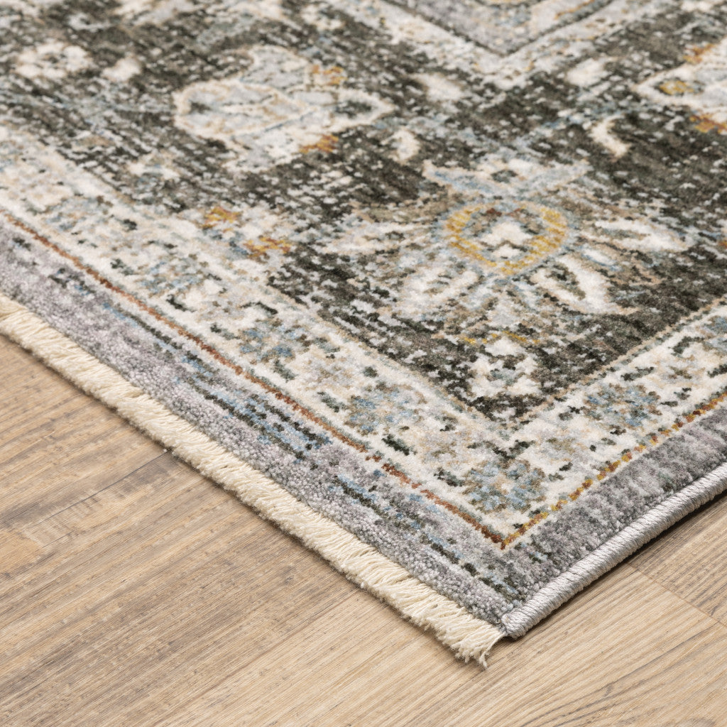 2' X 3' Grey And Blue Oriental Power Loom Stain Resistant Area Rug With Fringe