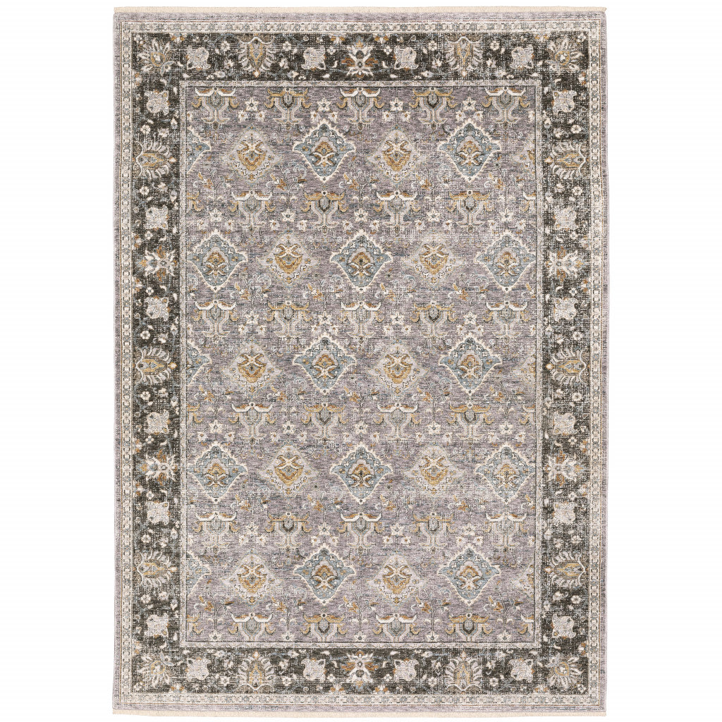 6' X 9' Grey And Blue Oriental Power Loom Stain Resistant Area Rug With Fringe