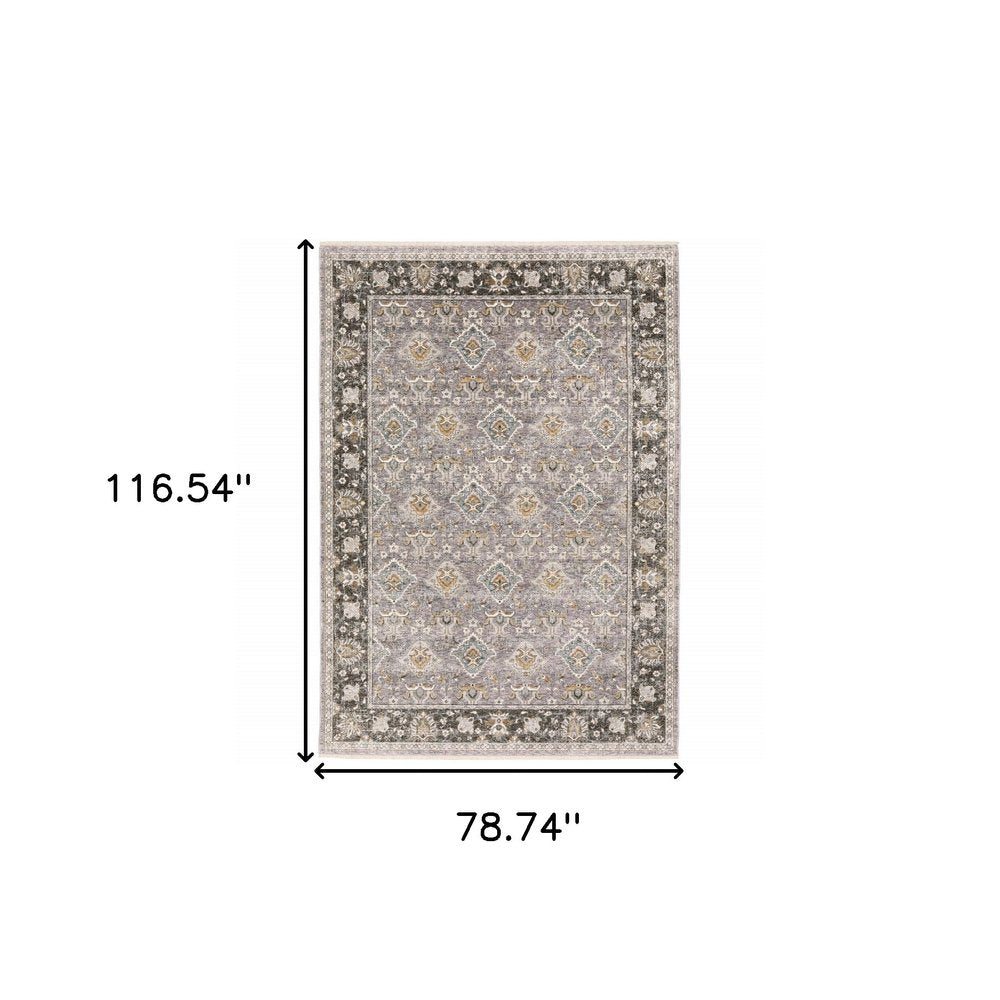 7' X 10' Gray And Blue Oriental Distressed Area Rug With Fringe