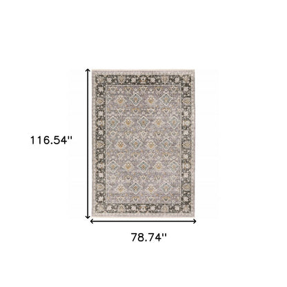 7' X 10' Gray And Blue Oriental Distressed Area Rug With Fringe