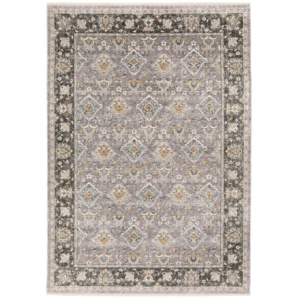 7' X 10' Gray And Blue Oriental Distressed Area Rug With Fringe