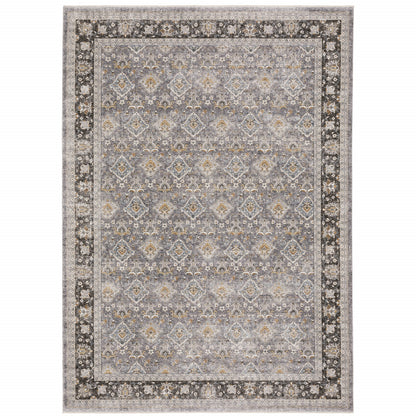 8' X 11' Grey And Blue Oriental Power Loom Stain Resistant Area Rug With Fringe