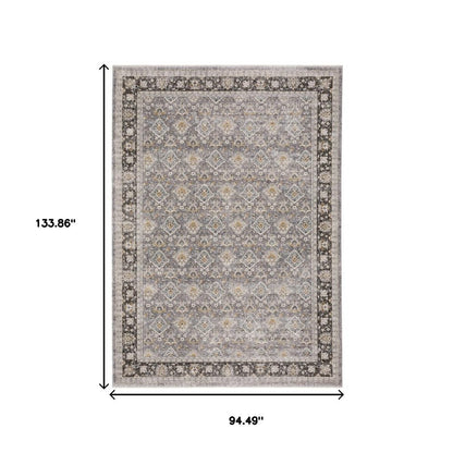 8' X 11' Gray And Blue Oriental Distressed Area Rug With Fringe