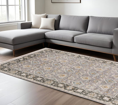 8' X 11' Gray And Blue Oriental Distressed Area Rug With Fringe