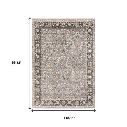 10' X 13' Grey And Blue Oriental Power Loom Stain Resistant Area Rug With Fringe