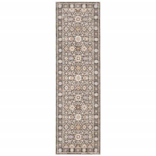 2' X 8' Grey And Ivory Oriental Power Loom Stain Resistant Runner Rug With Fringe