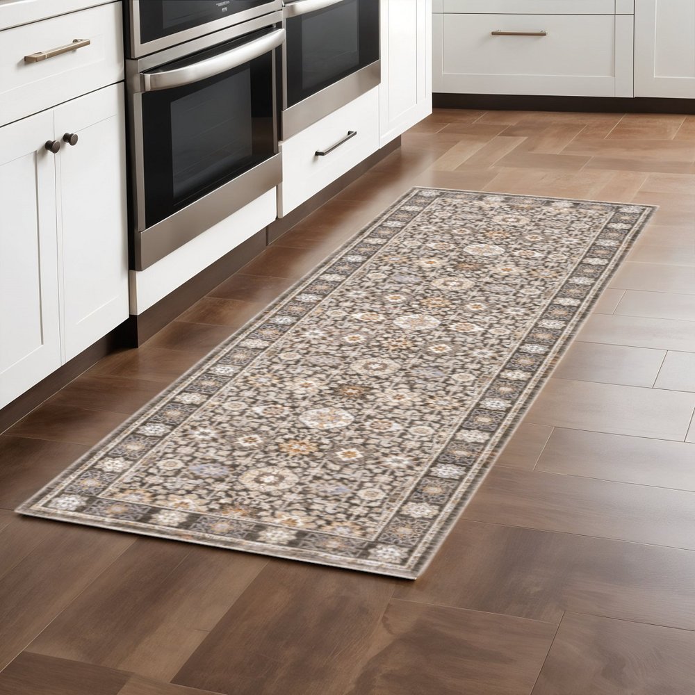 2' X 8' Grey And Ivory Oriental Power Loom Stain Resistant Runner Rug With Fringe