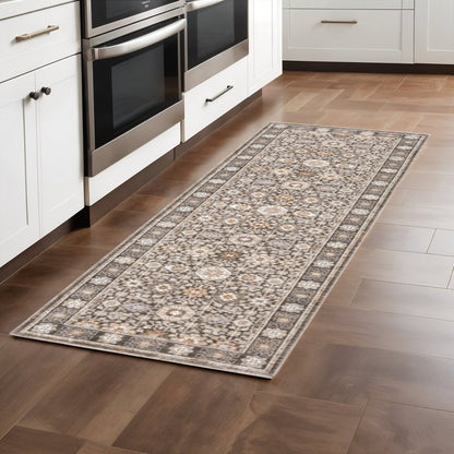 2' X 8' Grey And Ivory Oriental Power Loom Stain Resistant Runner Rug With Fringe