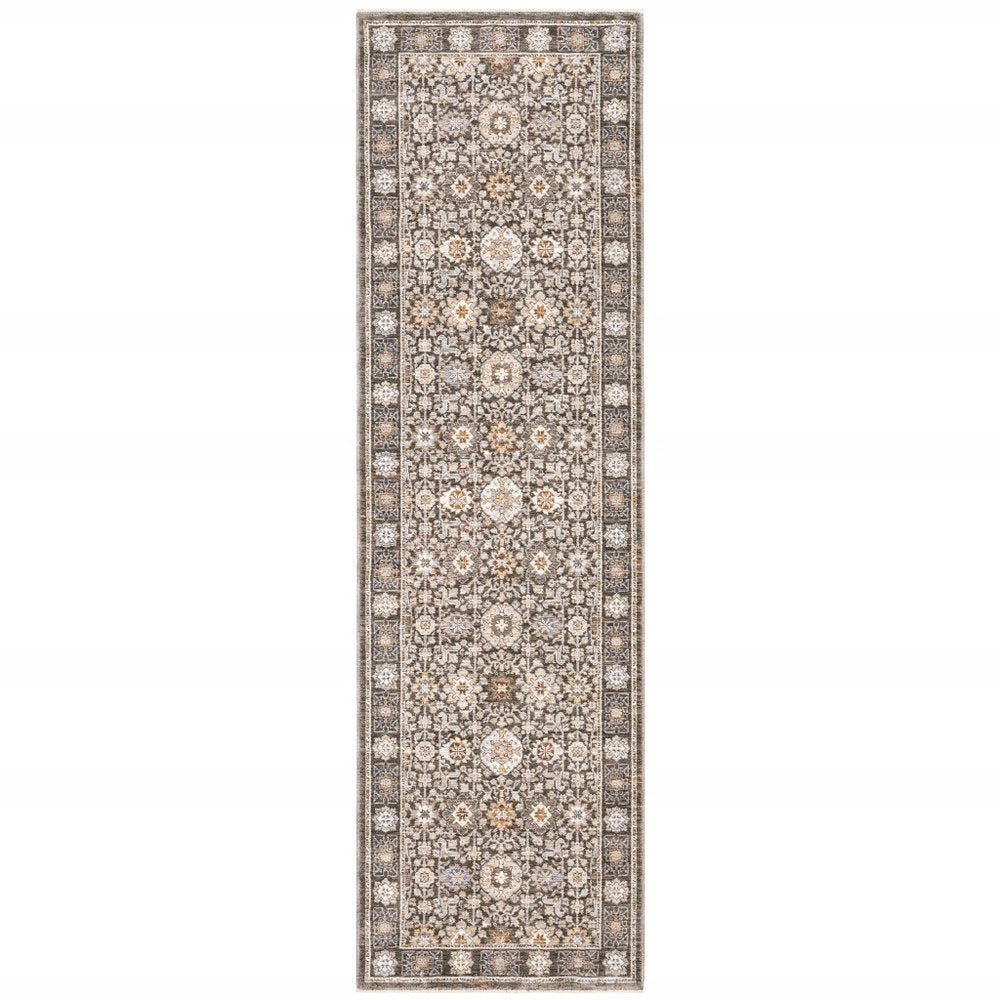 2' X 8' Grey And Ivory Oriental Power Loom Stain Resistant Runner Rug With Fringe