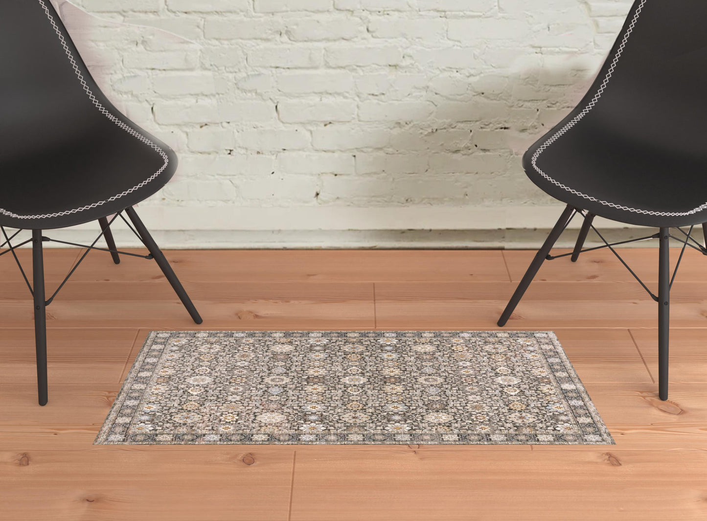 2' X 3' Grey And Ivory Oriental Power Loom Stain Resistant Area Rug With Fringe