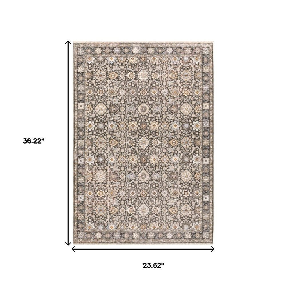 2' X 3' Grey And Ivory Oriental Power Loom Stain Resistant Area Rug With Fringe