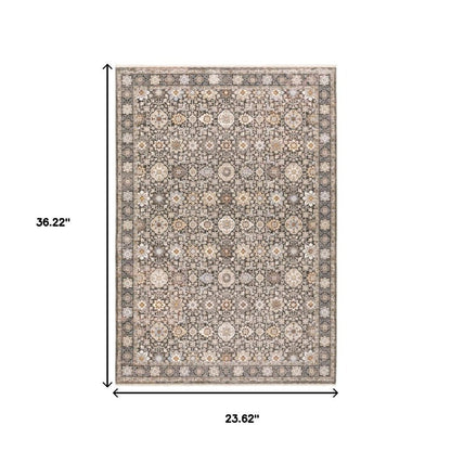 2' X 3' Grey And Ivory Oriental Power Loom Stain Resistant Area Rug With Fringe
