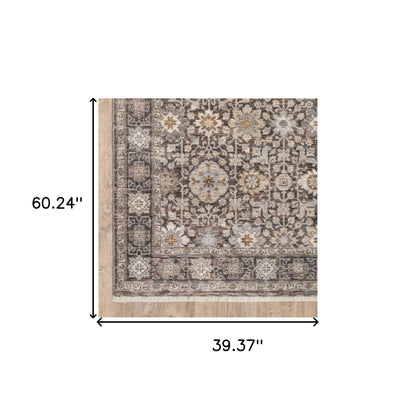 3' X 5' Grey And Ivory Oriental Power Loom Stain Resistant Area Rug With Fringe