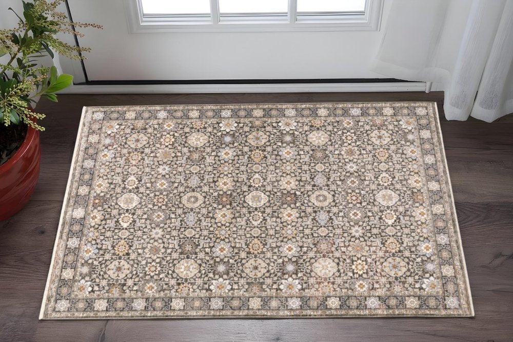 3' X 5' Grey And Ivory Oriental Power Loom Stain Resistant Area Rug With Fringe