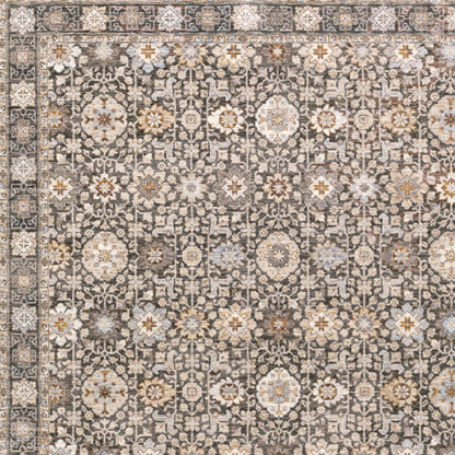 5' X 8' Charcoal And Ivory Oriental Area Rug With Fringe