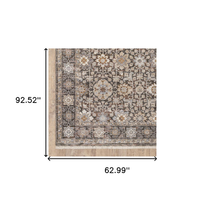 5' X 8' Grey And Ivory Oriental Power Loom Stain Resistant Area Rug With Fringe