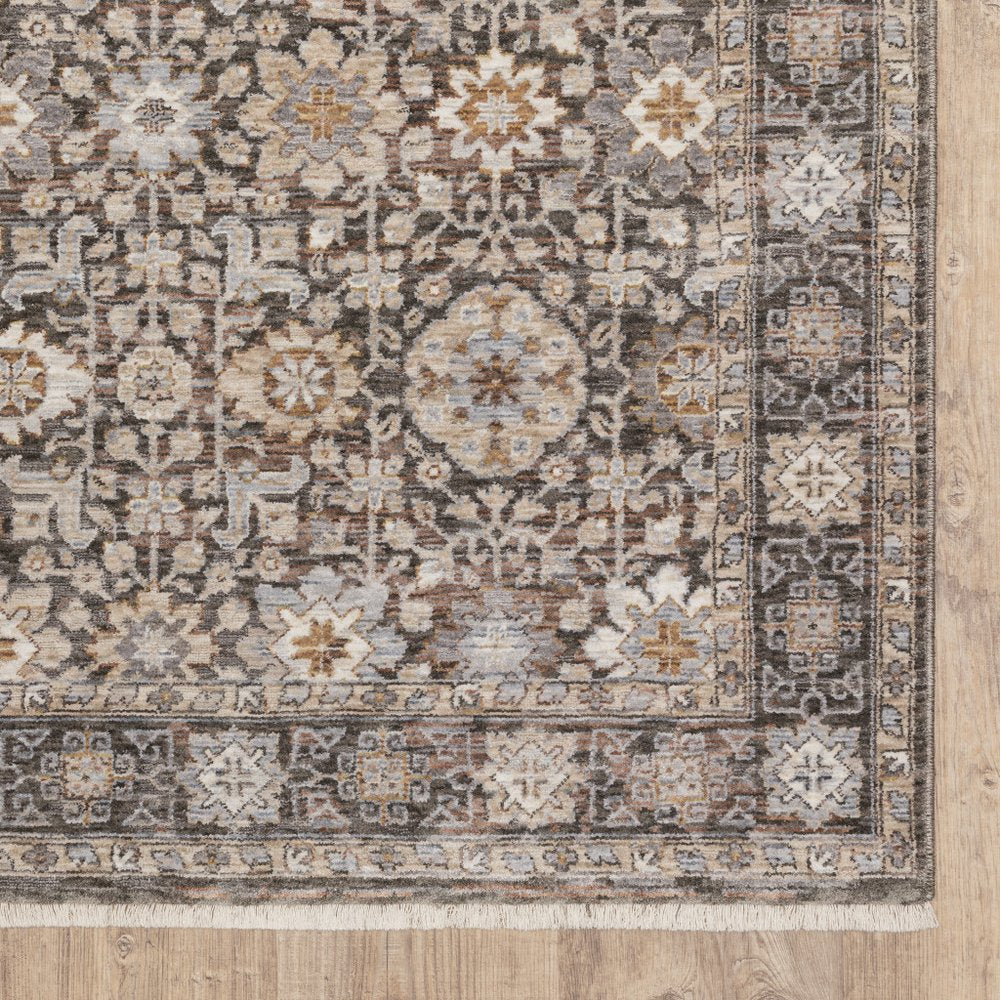 5' X 8' Charcoal And Ivory Oriental Area Rug With Fringe