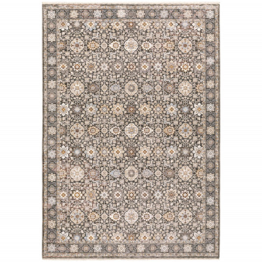 5' X 8' Charcoal And Ivory Oriental Area Rug With Fringe