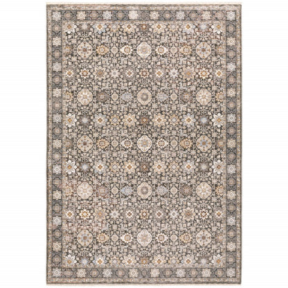 5' X 8' Charcoal And Ivory Oriental Area Rug With Fringe
