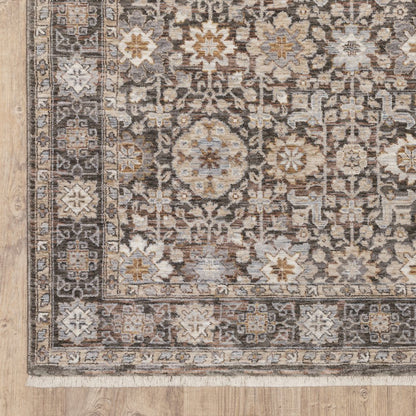 5' X 8' Charcoal And Ivory Oriental Area Rug With Fringe