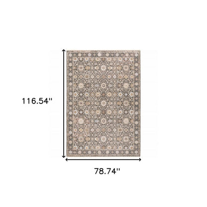 7' X 10' Charcoal And Ivory Oriental Area Rug With Fringe
