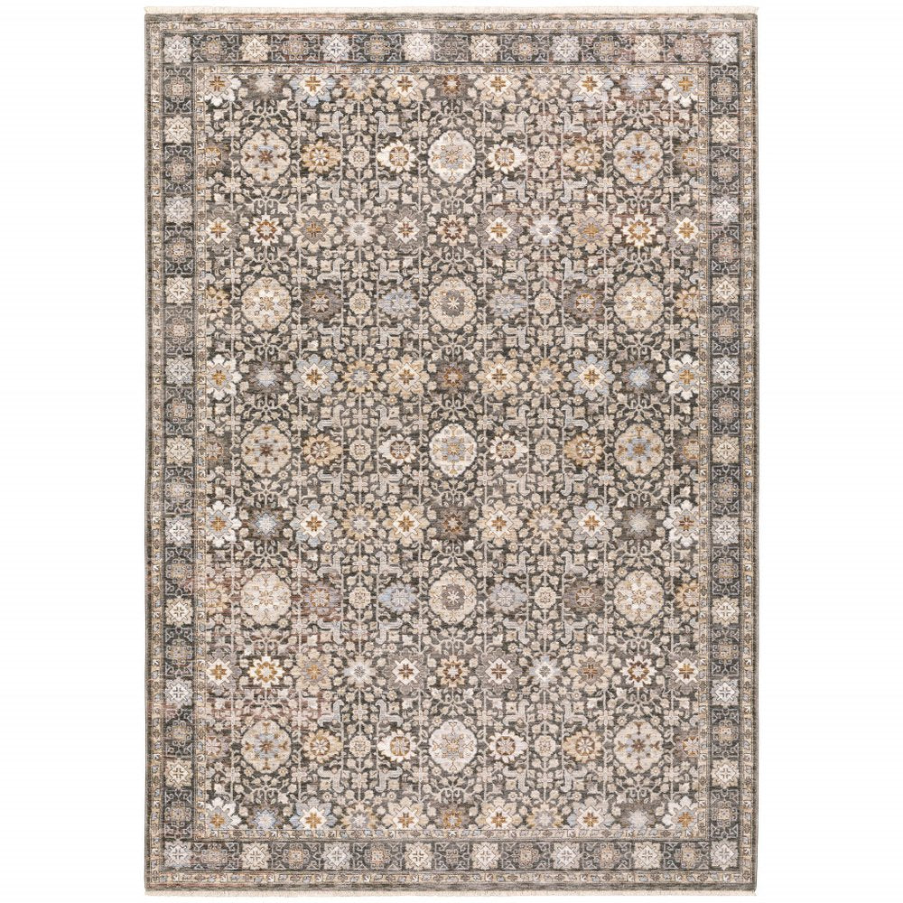 7' X 10' Charcoal And Ivory Oriental Area Rug With Fringe