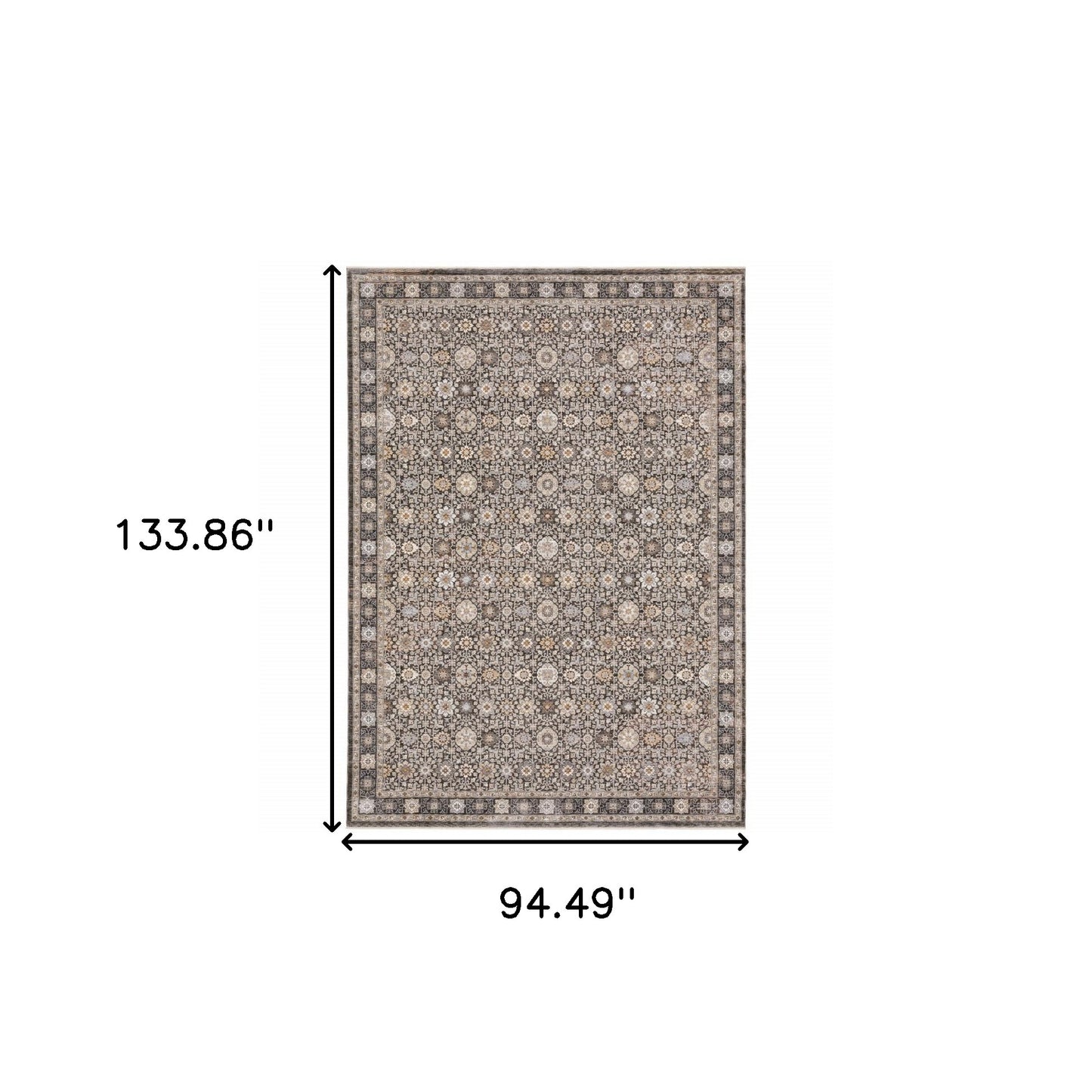 8' X 11' Grey And Ivory Oriental Power Loom Stain Resistant Area Rug With Fringe