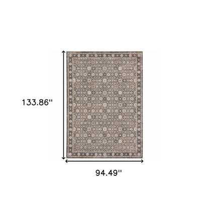 8' X 11' Charcoal Ivory and Beige Floral Power Loom Area Rug With Fringe