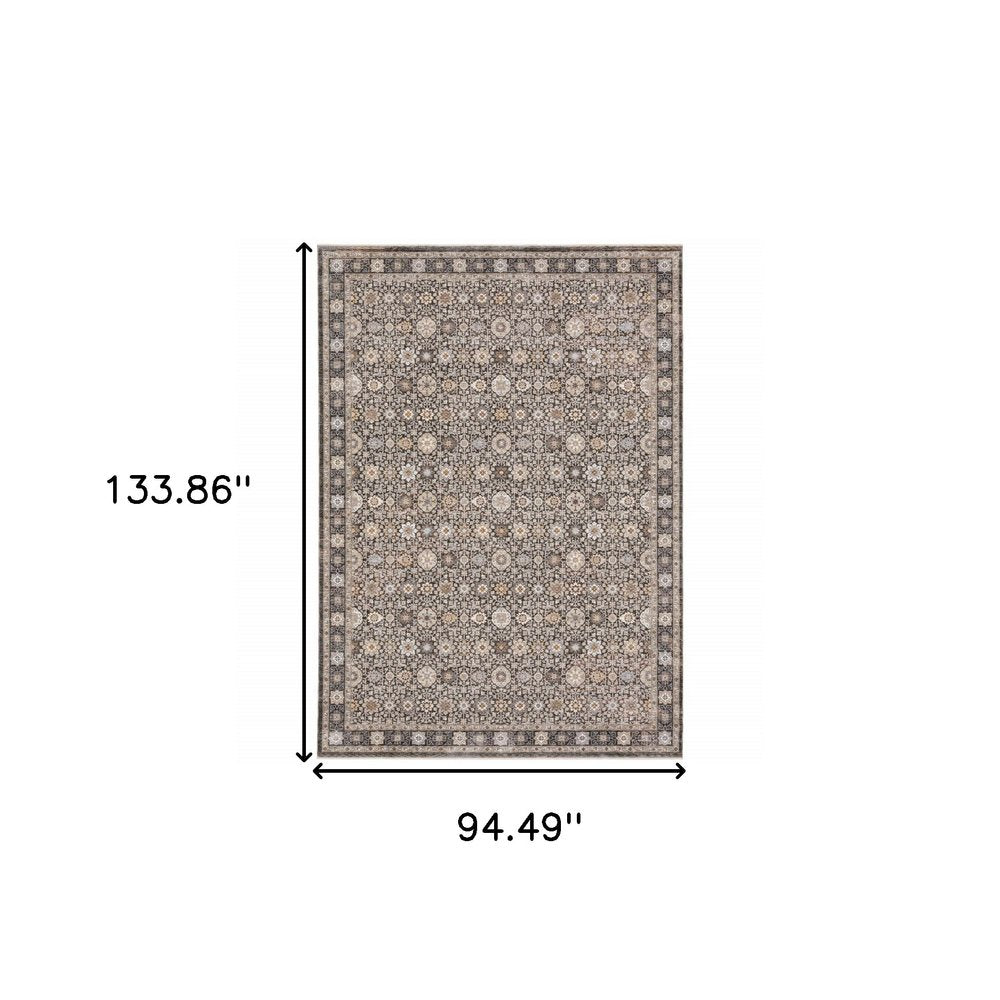 8' X 11' Charcoal Ivory and Beige Floral Power Loom Area Rug With Fringe