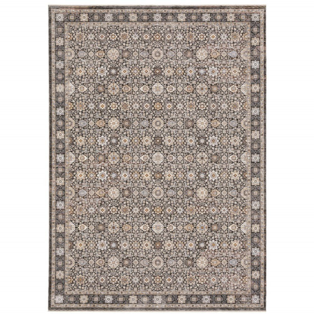 8' X 11' Charcoal Ivory and Beige Floral Power Loom Area Rug With Fringe