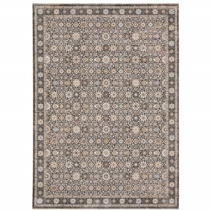 8' X 11' Charcoal Ivory and Beige Floral Power Loom Area Rug With Fringe