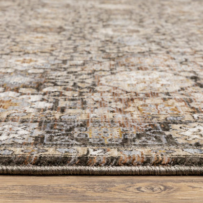 8' X 11' Charcoal Ivory and Beige Floral Power Loom Area Rug With Fringe