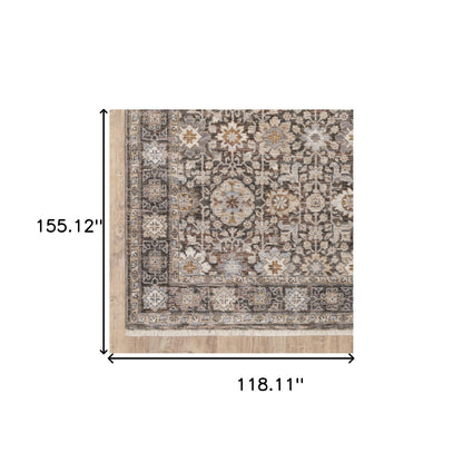 10' X 13' Grey And Ivory Oriental Power Loom Stain Resistant Area Rug With Fringe